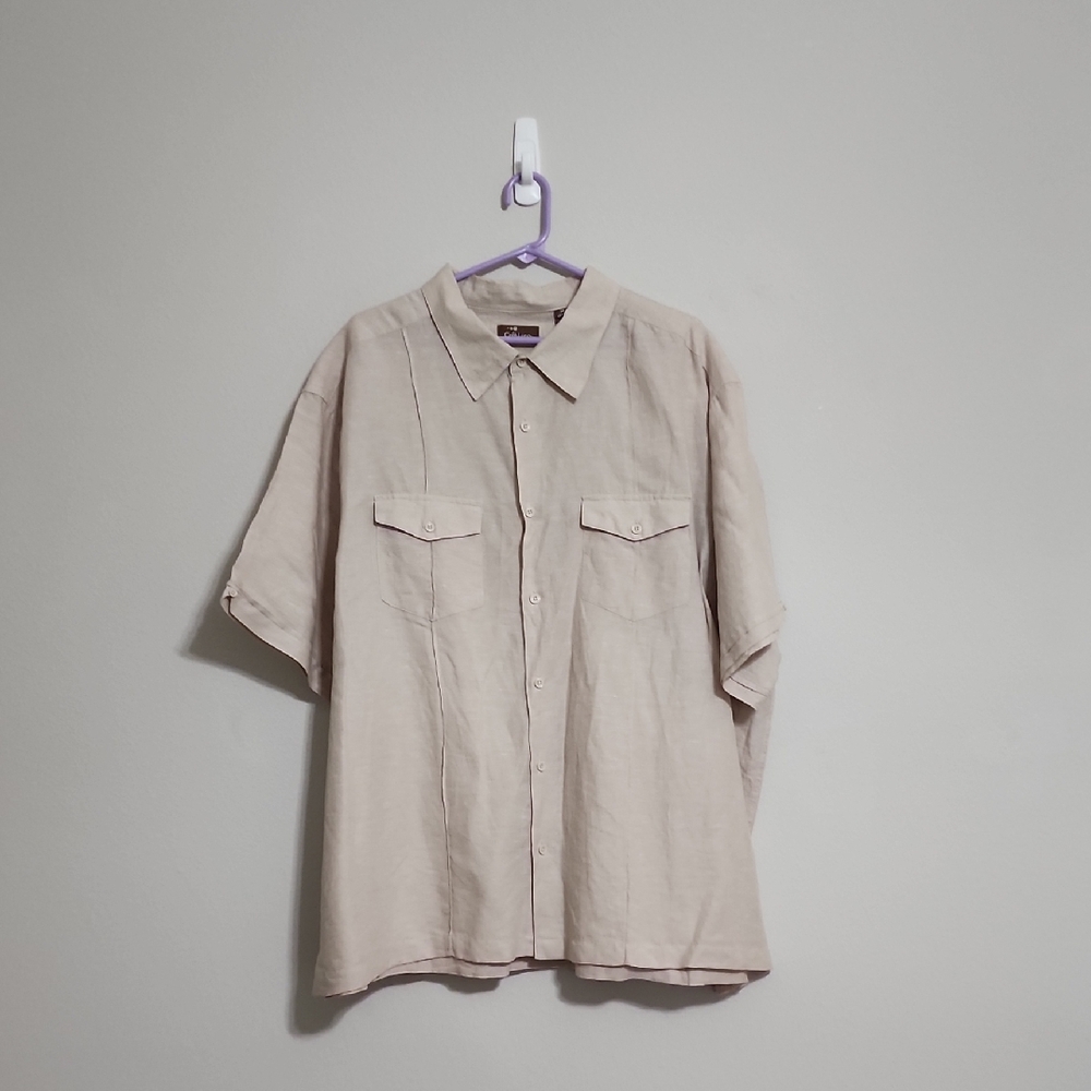 Men's Cafe Luna Beige Tan Linen/Cotton Short Sleeve Button Down Shirt Size 3XL